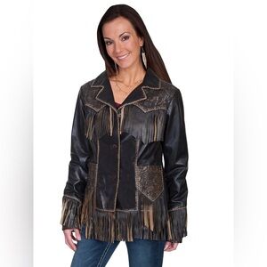 Scully Tooled & Fringe Womens Leather Western Cowboy Button Coat Jacket